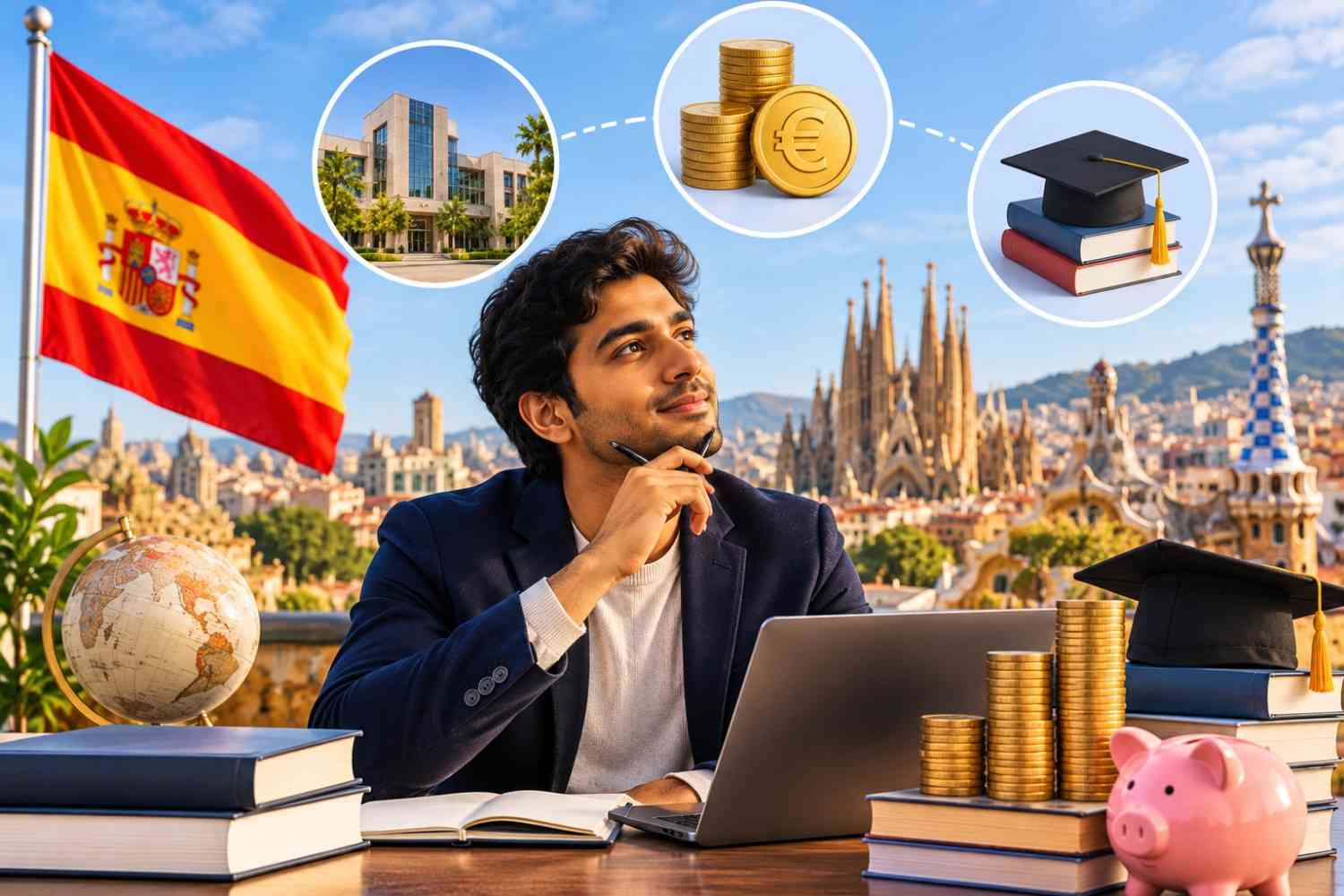 Indian student planning MBA fees in Spain with euro coins, graduation cap, laptop, books and Spanish landmarks representing tuition and study costs.